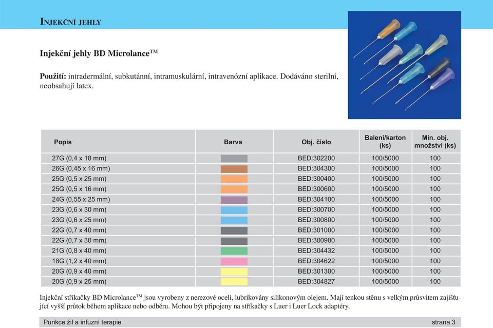 množství (ks) 27G (0,4 x 18 mm) BED:302200 100/5000 100 26G (0,45 x 16 mm) BED:304300 100/5000 100 25G (0,5 x 25 mm) BED:300400 100/5000 100 25G (0,5 x 16 mm) BED:300600 100/5000 100 24G (0,55 x 25