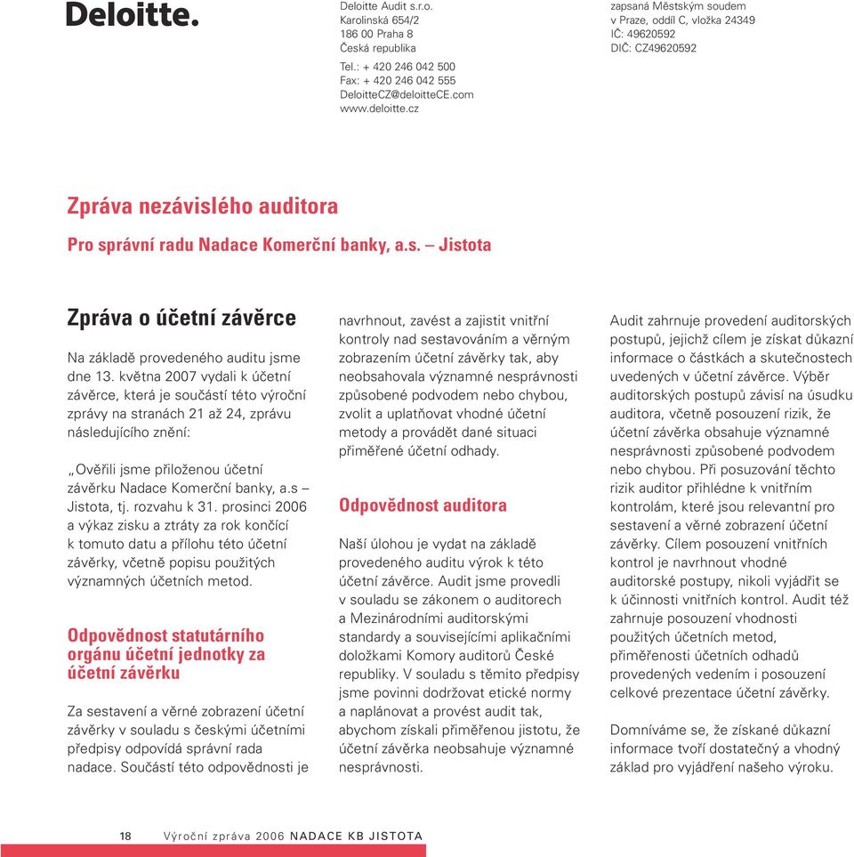 května 2007 vydali k účetní závěrce, která je součástí této výroční zprávy na stranách 21 až 24, zprávu následujícího znění: Ověřili jsme přiloženou účetní závěrku Nadace Komerční banky, a.