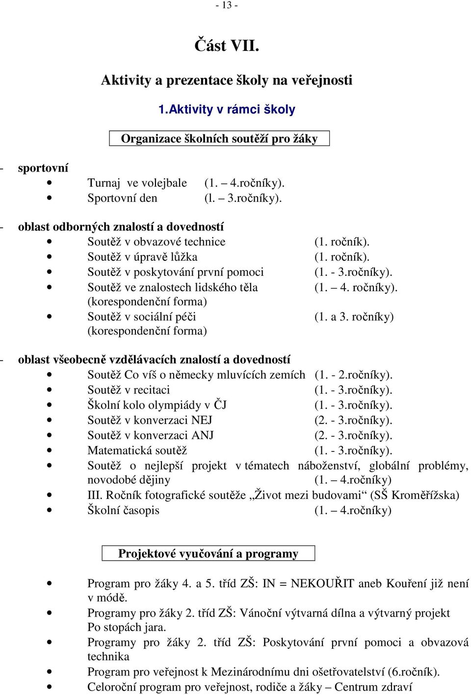 4. ročníky). (korespondenční forma) Soutěž v sociální péči (1. a 3. ročníky) (korespondenční forma) - oblast všeobecně vzdělávacích znalostí a dovedností Soutěž Co víš o německy mluvících zemích (1.