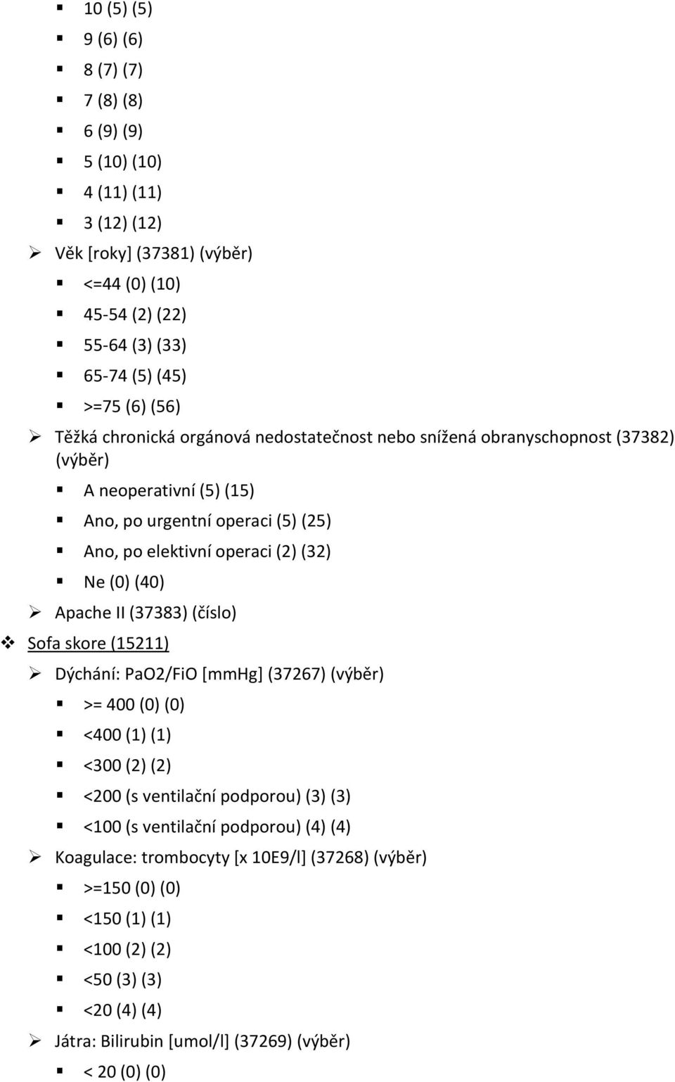 (40) Apache II (37383) (číslo) Sofa skore (15211) Dýchání: PaO2/FiO *mmhg+ (37267) (výběr) >= 400 (0) (0) <400 (1) (1) <300 (2) (2) <200 (s ventilační podporou) (3) (3) <100 (s