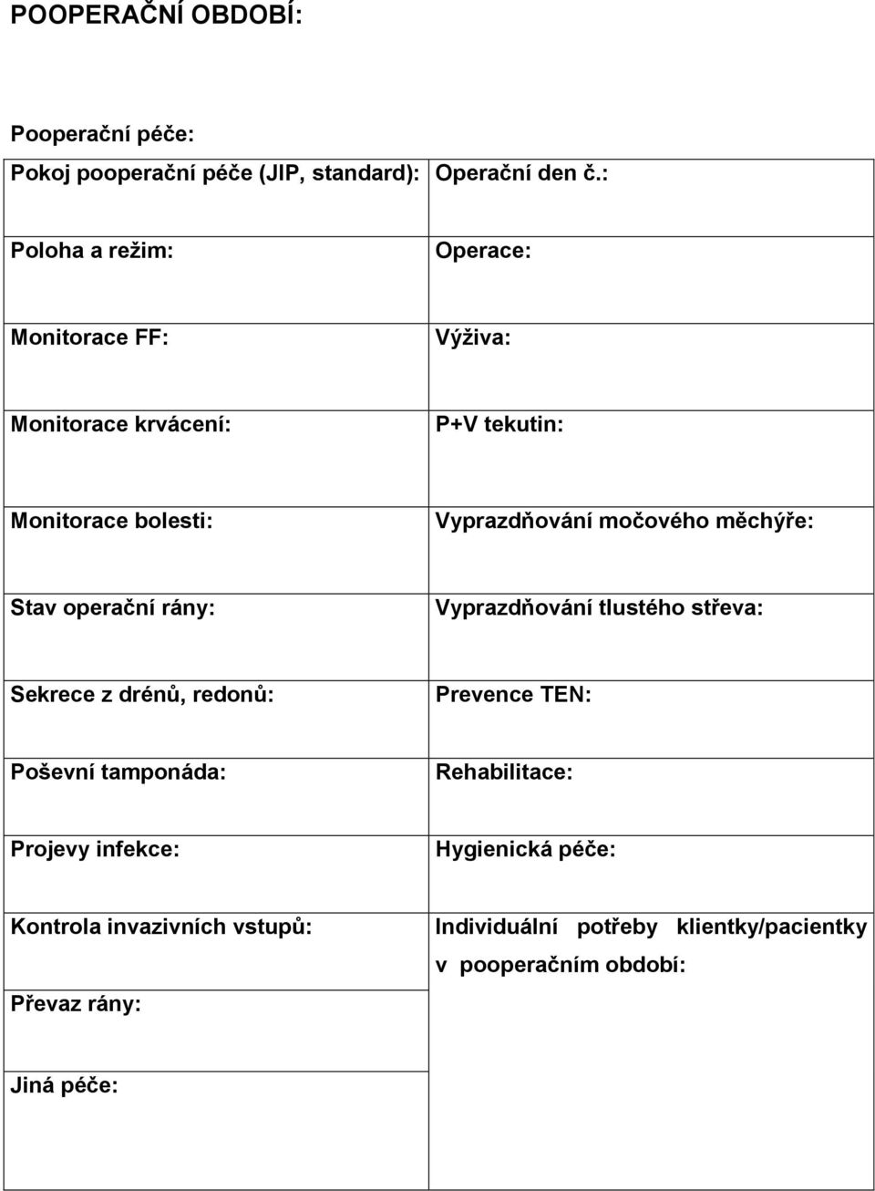 močového měchýře: Stav operační rány: Vyprazdňování tlustého střeva: Sekrece z drénů, redonů: Prevence TEN: Poševní