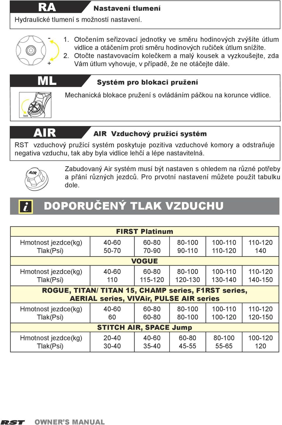 Systém pro blokaci pružení Mechanická blokace pružení s ovládáním páčkou na korunce vidlice.