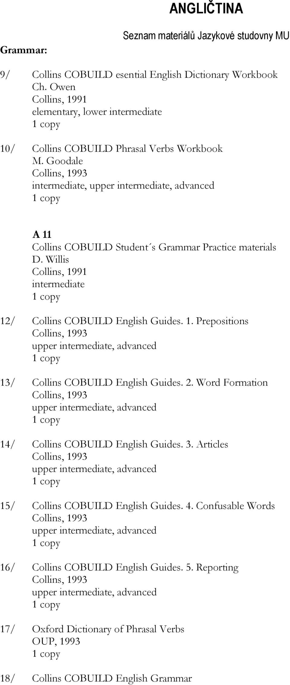 2. Word Formation Collins, 1993 upper intermediate, advanced 14/ Collins COBUILD English Guides. 3. Articles Collins, 1993 upper intermediate, advanced 15/ Collins COBUILD English Guides. 4.