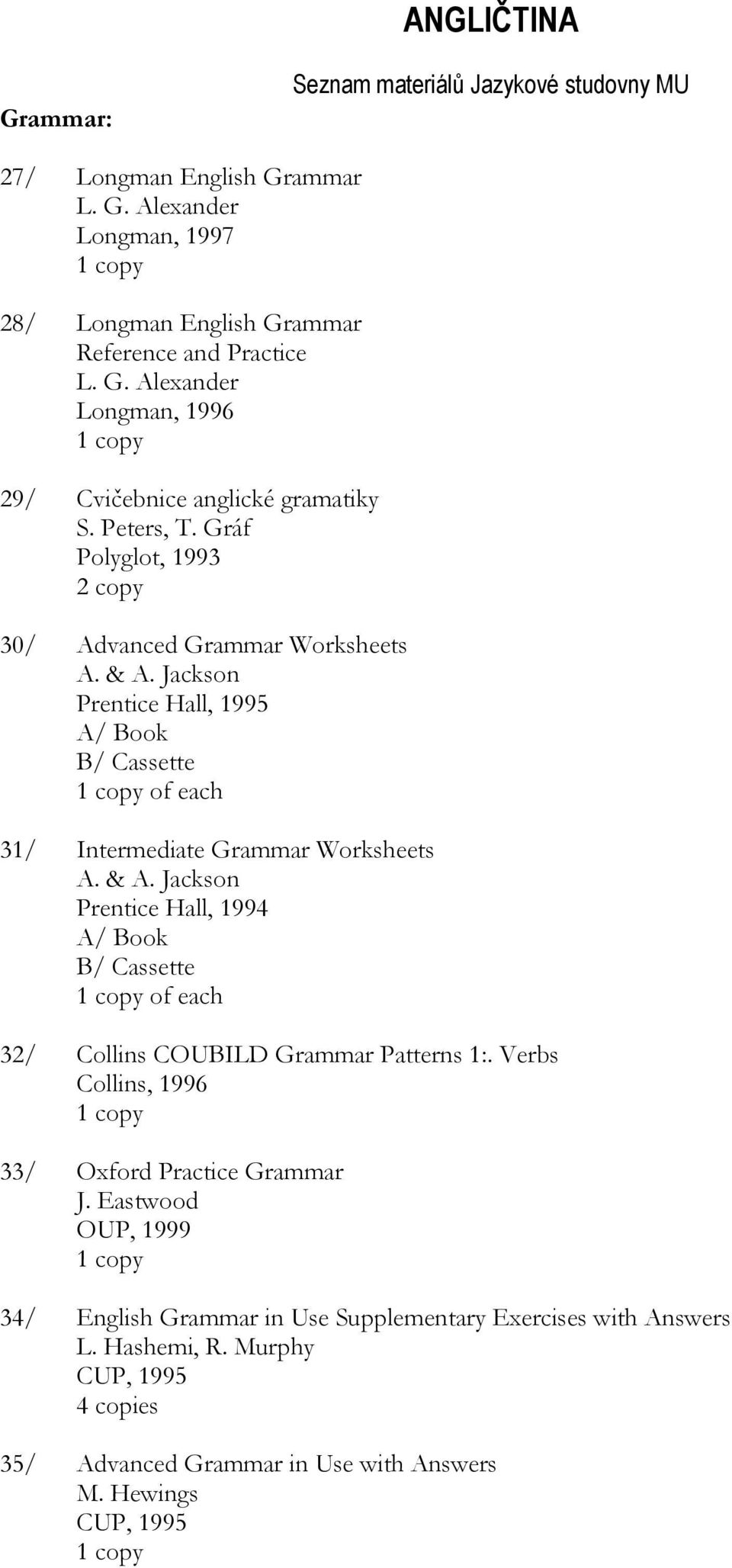 & A. Jackson Prentice Hall, 1994 A/ Book B/ Cassette of each 32/ Collins COUBILD Grammar Patterns 1:. Verbs Collins, 1996 33/ Oxford Practice Grammar J.