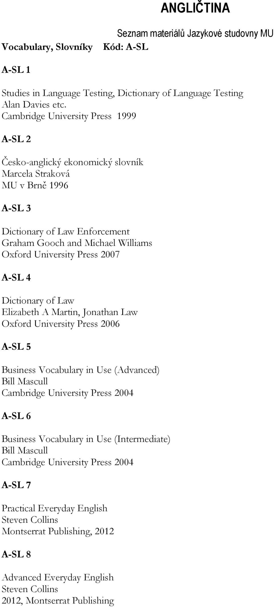 University Press 2007 A-SL 4 Dictionary of Law Elizabeth A Martin, Jonathan Law Oxford University Press 2006 A-SL 5 Business Vocabulary in Use (Advanced) Bill Mascull Cambridge