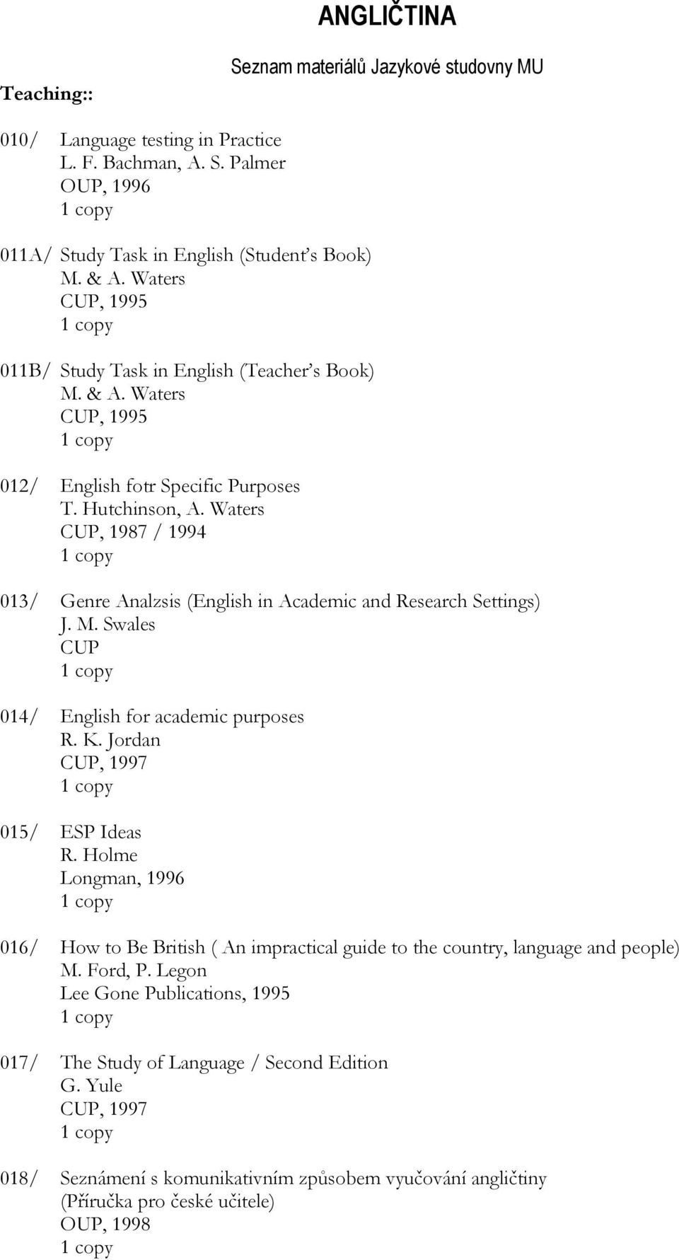 Waters CUP, 1987 / 1994 013/ Genre Analzsis (English in Academic and Research Settings) J. M. Swales CUP 014/ English for academic purposes R. K. Jordan CUP, 1997 015/ ESP Ideas R.