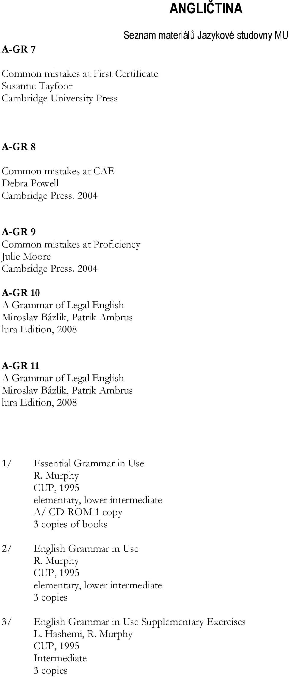 2004 A-GR 10 A Grammar of Legal English Miroslav Bázlik, Patrik Ambrus lura Edition, 2008 A-GR 11 A Grammar of Legal English Miroslav Bázlík, Patrik Ambrus lura Edition,