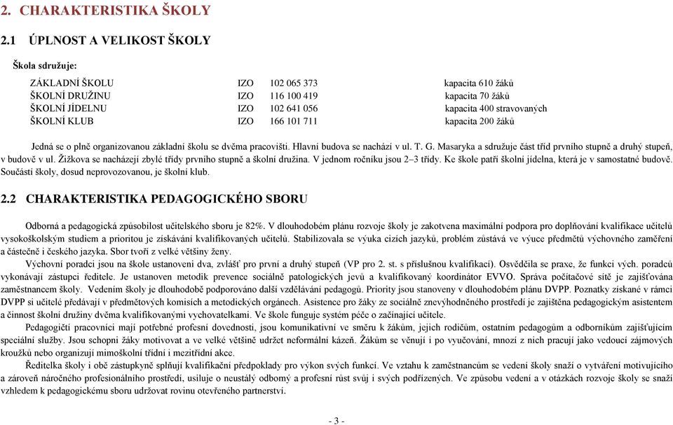 ŠKOLNÍ KLUB IZO 166 101 711 kapacita 200 žáků Jedná se o plně organizovanou základní školu se dvěma pracovišti. Hlavní budova se nachází v ul. T. G.