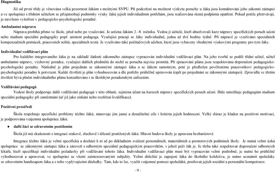 realizována různá podpůrná opatření. Pokud potíže přetrvávají, je navrženo vyšetření v pedagogicko-psychologické poradně. Ambulantní náprava Náprava probíhá přímo ve škole, před nebo po vyučování.