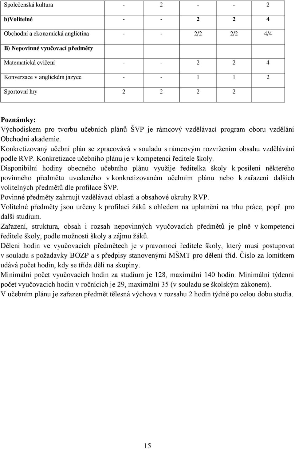 Konkretizovaný učební plán se zpracovává v souladu s rámcovým rozvržením obsahu vzdělávání podle RVP. Konkretizace učebního plánu je v kompetenci ředitele školy.