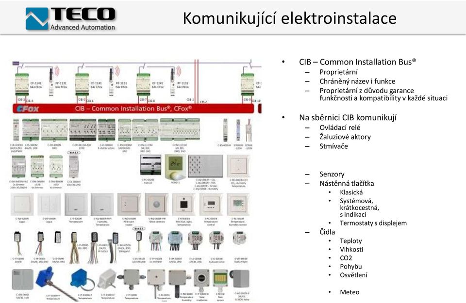 komunikují Ovládací relé Žaluziové aktory Stmívače Senzory Nástěnná tlačítka Klasická