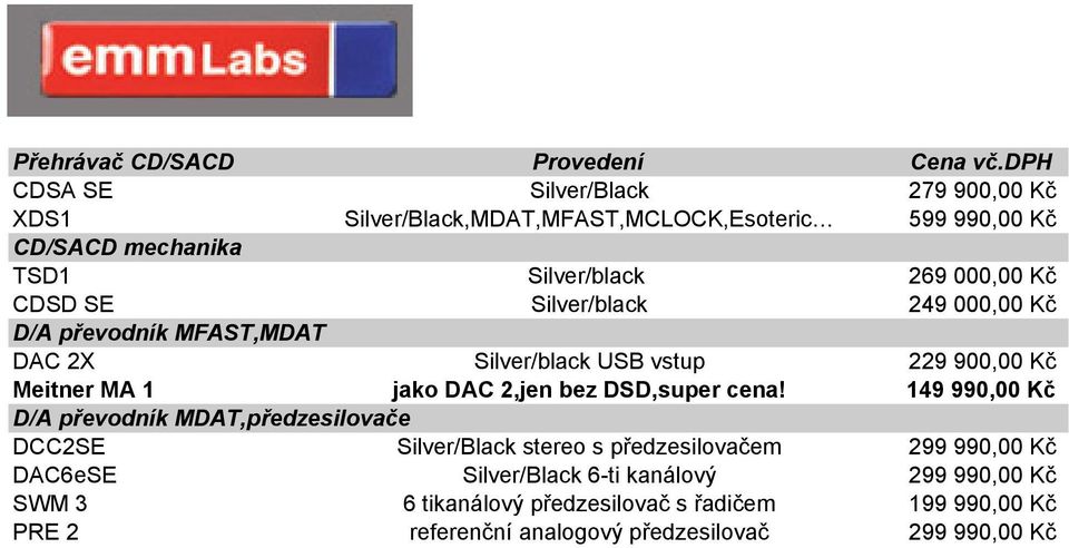 CDSD SE Silver/black 249 000,00 Kč D/A převodník MFAST,MDAT DAC 2X Silver/black USB vstup 229 900,00 Kč Meitner MA 1 jako DAC 2,jen bez DSD,super cena!