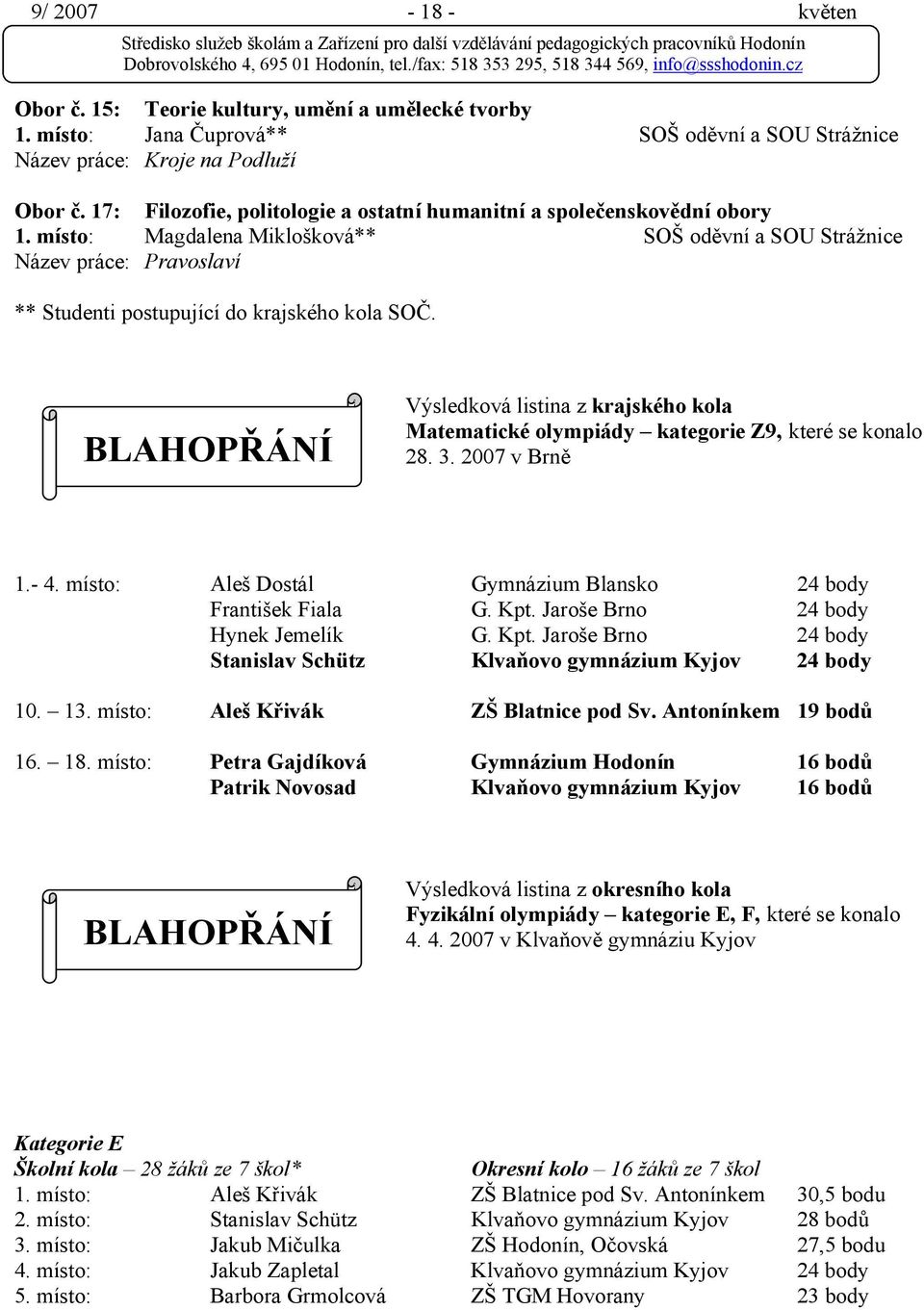 místo: Magdalena Miklošková** SOŠ oděvní a SOU Strážnice Název práce: Pravoslaví ** Studenti postupující do krajského kola SOČ.