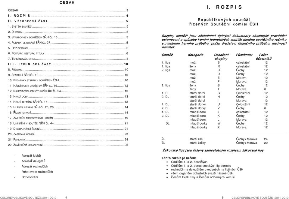 NÁLEŽITOSTI DRUŽSTEV S H L. 19... 12 12. NÁLEŽITOSTI JEDNOTLIVC S H L. 24... 13 13. HRACÍ DOBA... 13 14. HRACÍ TERMÍNY S H L. 14... 13 15. HLÁŠENÍ UTKÁNÍ S H L. 25, 26... 14 16. ÍZENÍ UTKÁNÍ... 14 17.