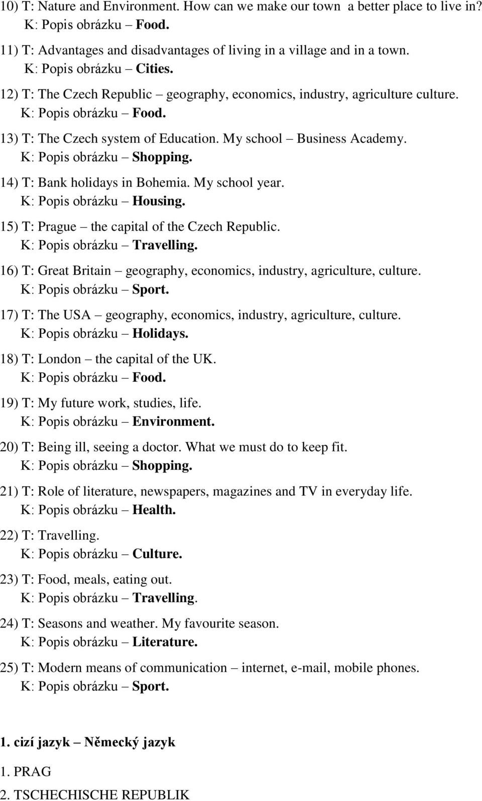 K: Popis obrázku Shopping. 14) T: Bank holidays in Bohemia. My school year. K: Popis obrázku Housing. 15) T: Prague the capital of the Czech Republic. K: Popis obrázku Travelling.
