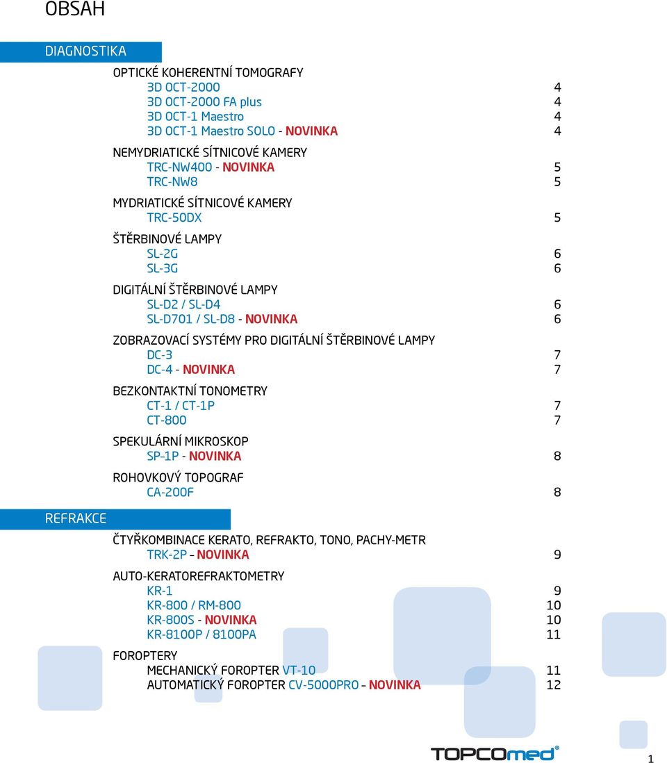 ŠTĚRBINOVÉ LAMPY DC-3 7 DC-4 - NOVINKA 7 BEZKONTAKTNÍ TONOMETRY CT-1 / CT-1P 7 CT-800 7 SPEKULÁRNÍ MIKROSKOP SP 1P - NOVINKA 8 ROHOVKOVÝ TOPOGRAF CA-200F 8 REFRAKCE ČTYŘKOMBINACE KERATO,