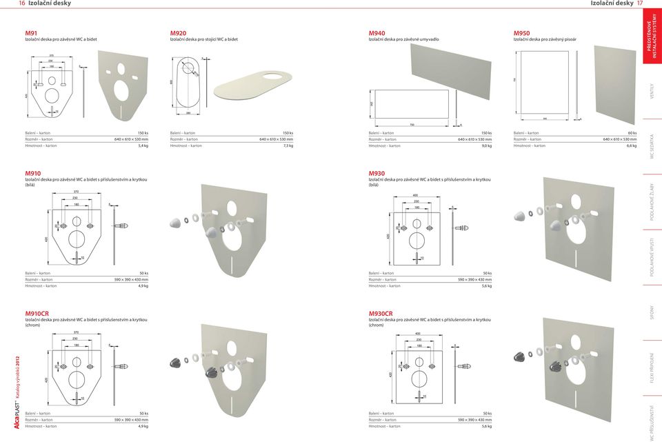 deska pro závěsné WC a bidet s příslušenstvím a krytkou (chrom) 50 ks 4,9 kg 150 ks 640 610 530 mm 7,3 kg M930 Izolační deska pro závěsné WC a bidet s příslušenstvím a