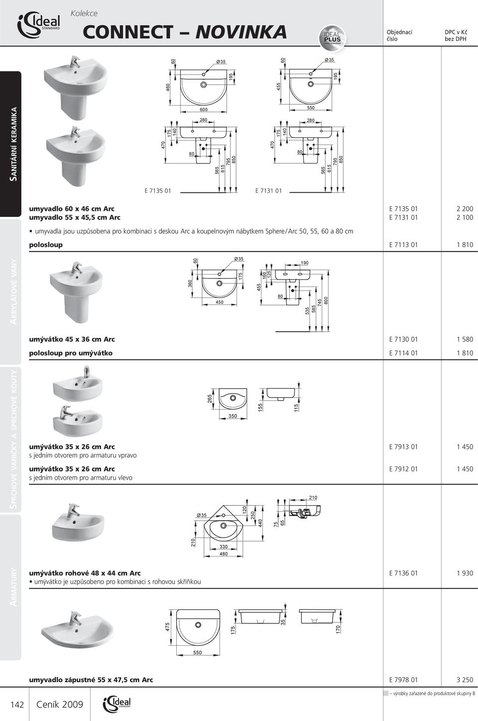 x 45,5 cm Arc E 7131 01 2 100 umyvadla jsou uzpůsobena pro kombinaci s deskou Arc a koupelnovým nábytkem Sphere / Arc 50, 55, 60 a 80 cm polosloup E 7113 01 1 810 umývátko 45 x 36 cm Arc E 7130 01 1