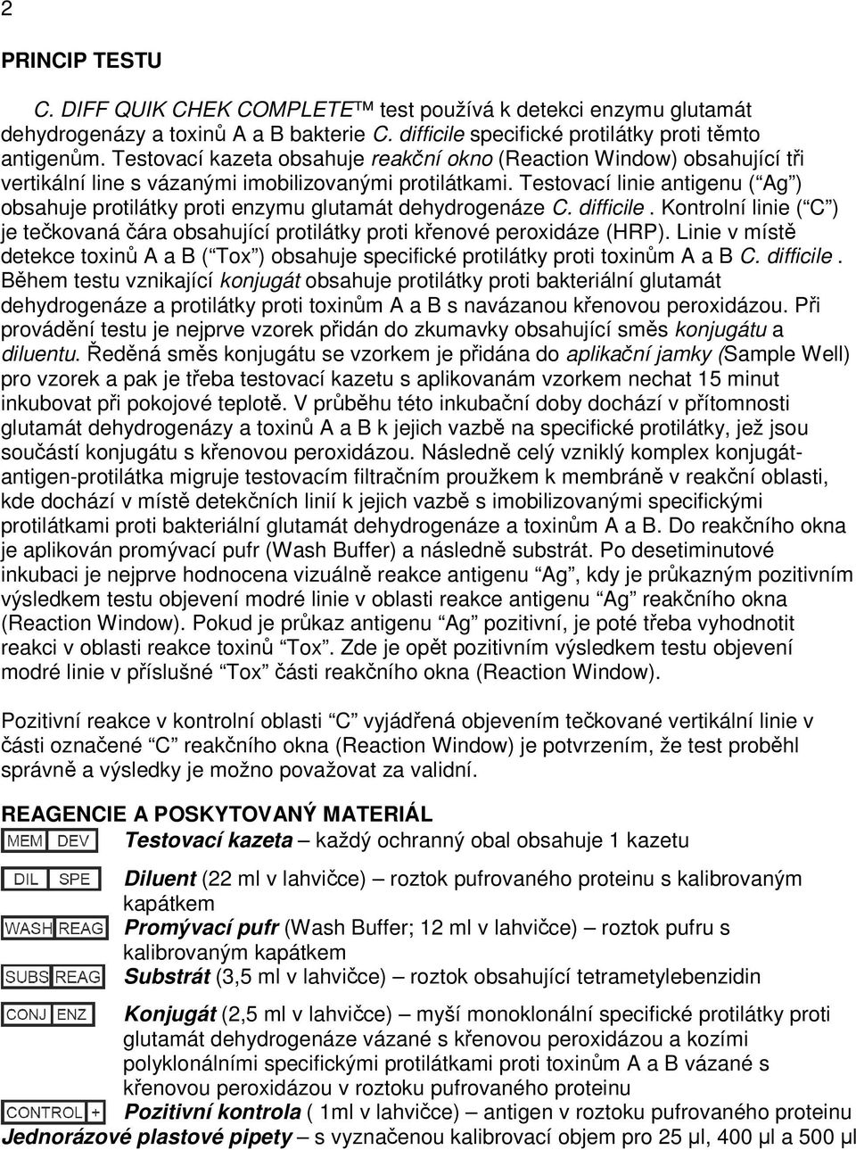 Testovací linie antigenu ( Ag ) obsahuje protilátky proti enzymu glutamát dehydrogenáze C. difficile. Kontrolní linie ( C ) je tečkovaná čára obsahující protilátky proti křenové peroxidáze (HRP).