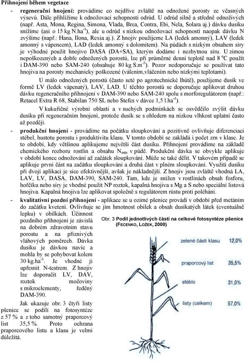 ha -1 ), ale u odrůd s nízkou odnožovací schopností naopak dávku N zvýšíme (např.: Hana, Ilona, Rexia aj.). Z hnojiv použijeme LA (ledek amonný), LAV (ledek amonný s vápencem), LAD (ledek amonný s dolomitem).