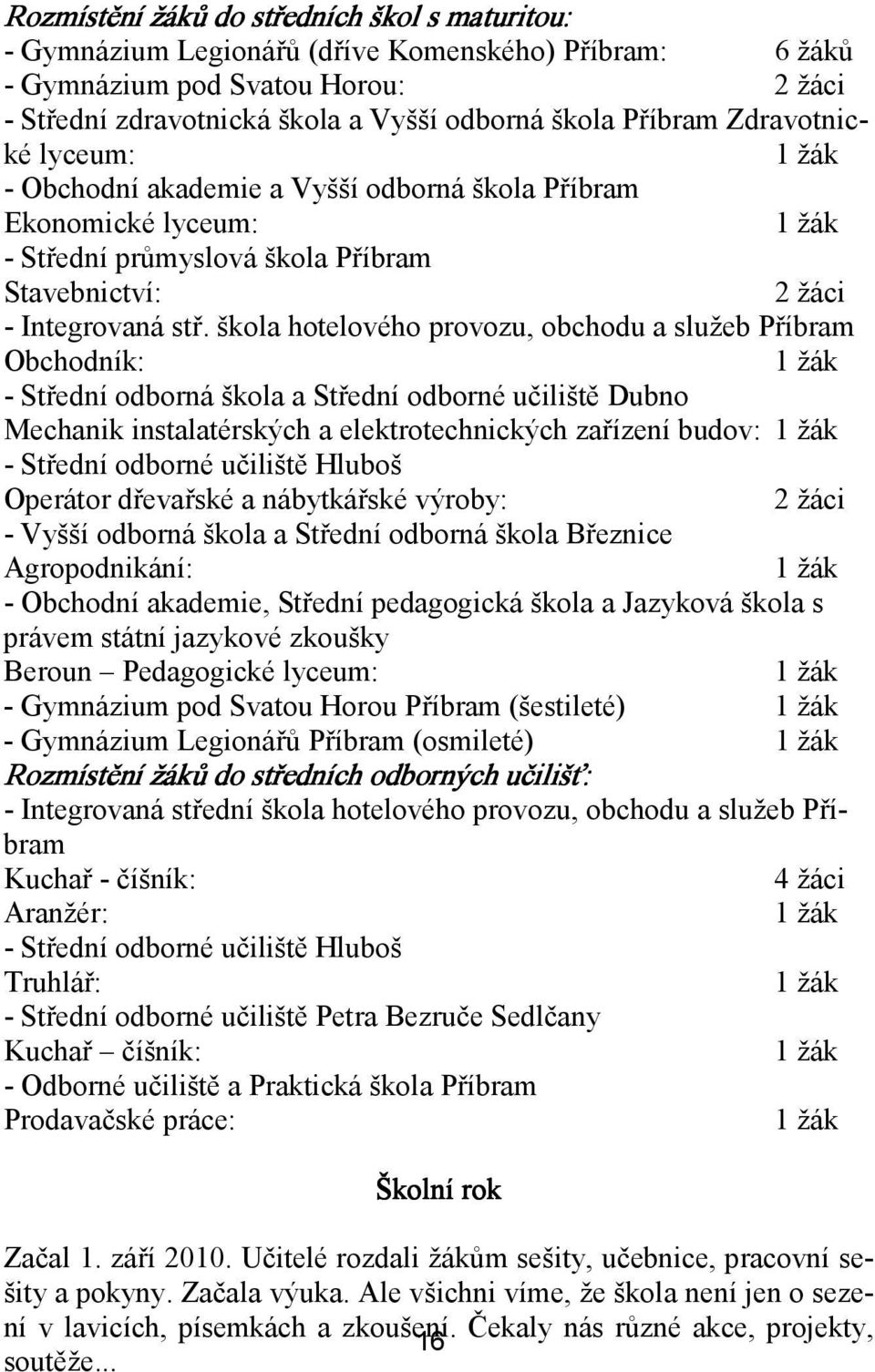 škola hotelového provozu, obchodu a služeb Příbram Obchodník: 1 žák - Střední odborná škola a Střední odborné učiliště Dubno Mechanik instalatérských a elektrotechnických zařízení budov: 1 žák -