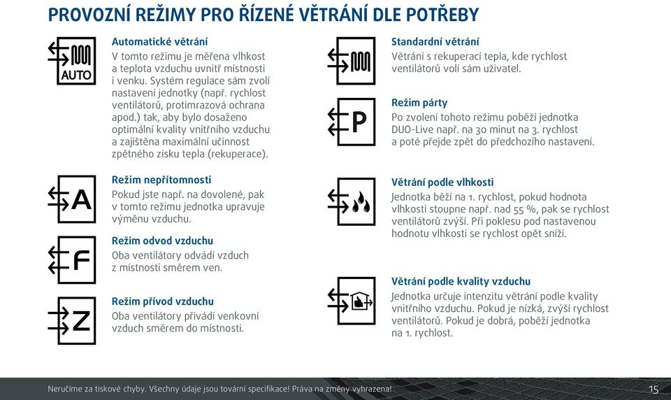 Režim nepřítomnosti Pokud jste např. na dovolené, pak v tomto režimu jednotka upravuje výměnu vzduchu. Režim odvod vzduchu Oba ventilátory odvádí vzduch z místnosti směrem ven.