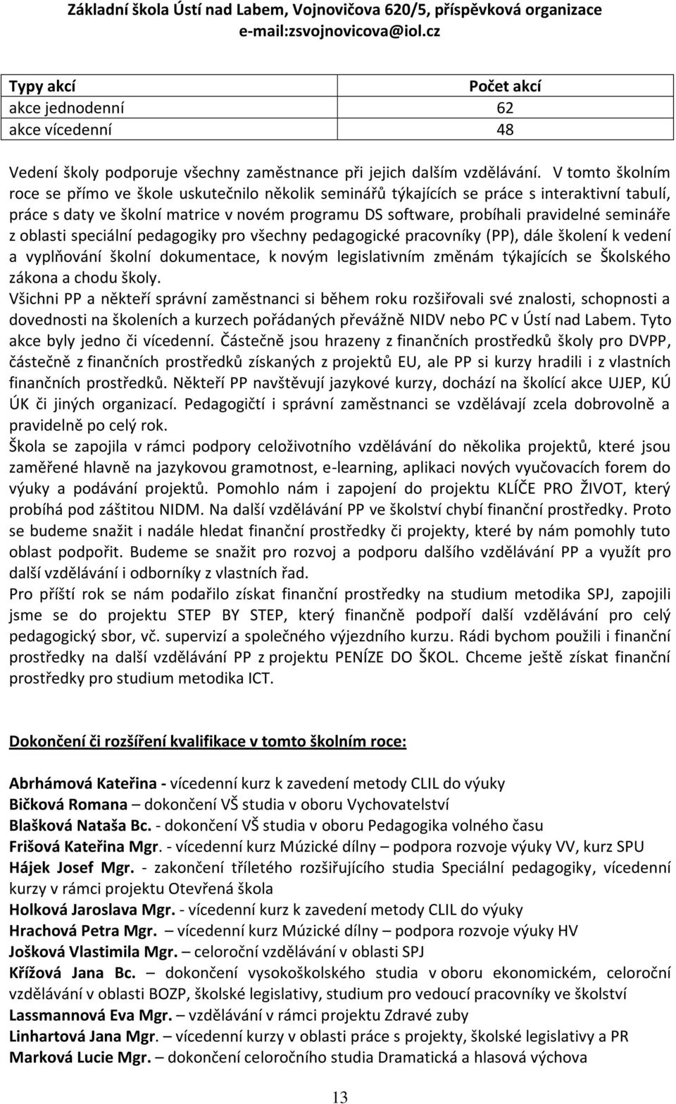 semináře z oblasti speciální pedagogiky pro všechny pedagogické pracovníky (PP), dále školení k vedení a vyplňování školní dokumentace, k novým legislativním změnám týkajících se Školského zákona a