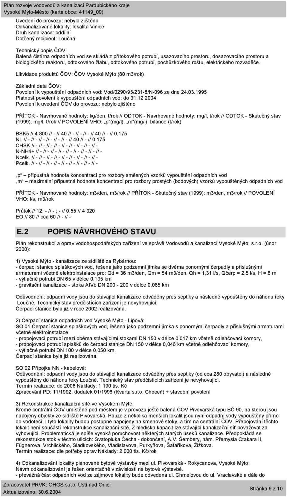 Likvidace produktů ČOV: ČOV Vysoké Mýto (80 m3/rok) Základní data ČOV: Povolení k vypouštění odpadních vod: Vod/0290/95/231-8/N-096 ze dne 24.03.