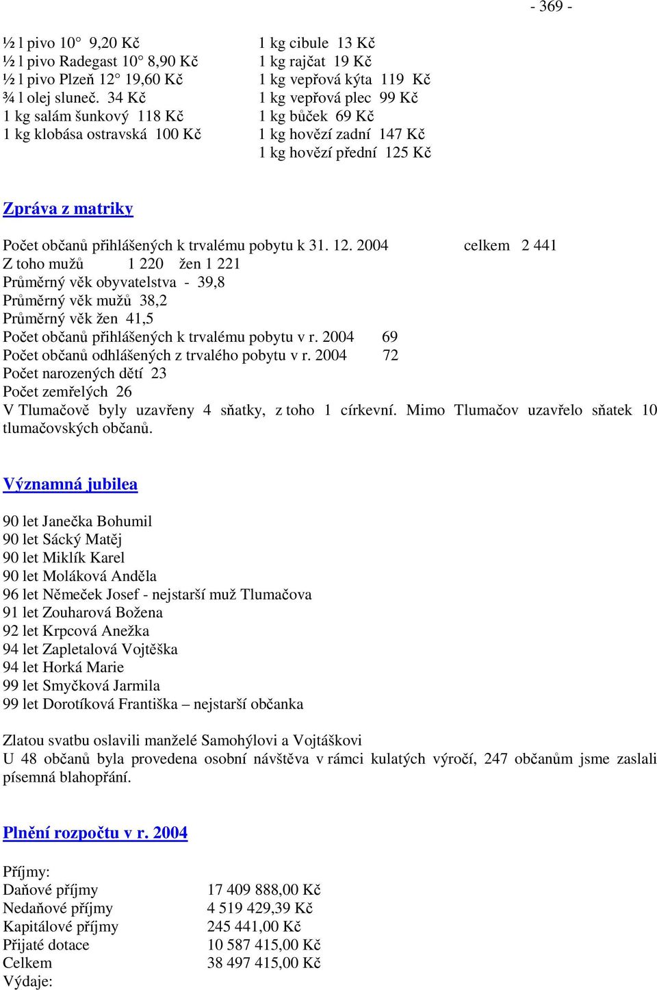 trvalému pobytu k 31. 12. 2004 celkem 2 441 Z toho mužů 1 220 žen 1 221 Průměrný věk obyvatelstva - 39,8 Průměrný věk mužů 38,2 Průměrný věk žen 41,5 Počet občanů přihlášených k trvalému pobytu v r.