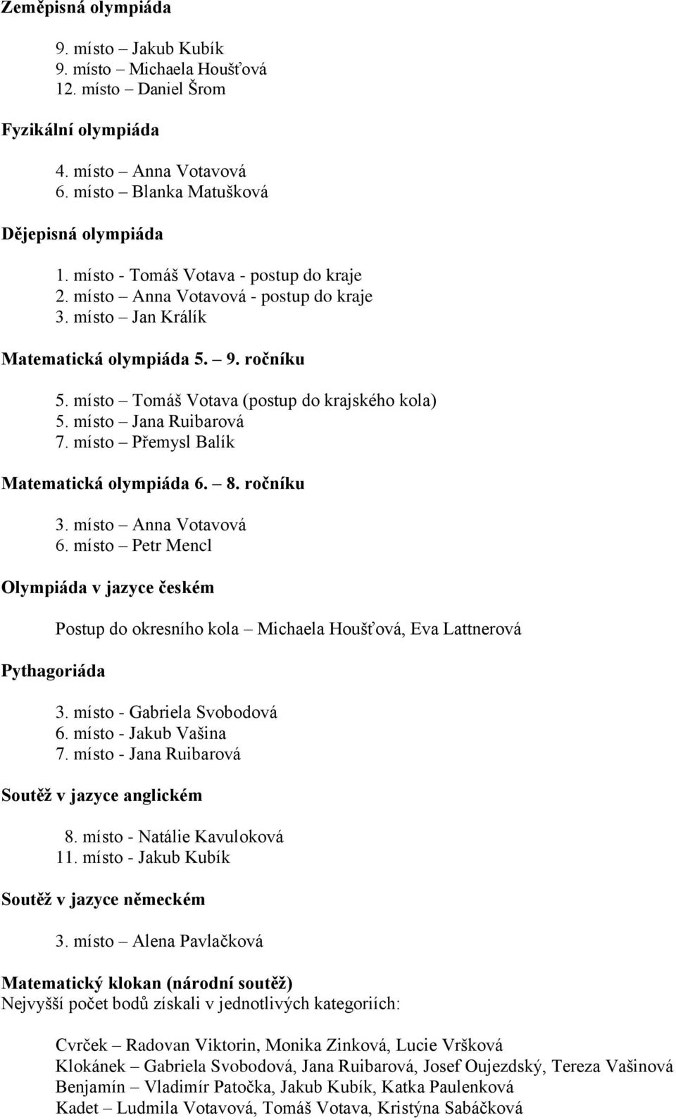 místo Jana Ruibarová 7. místo Přemysl Balík Matematická olympiáda 6. 8. ročníku 3. místo Anna Votavová 6.