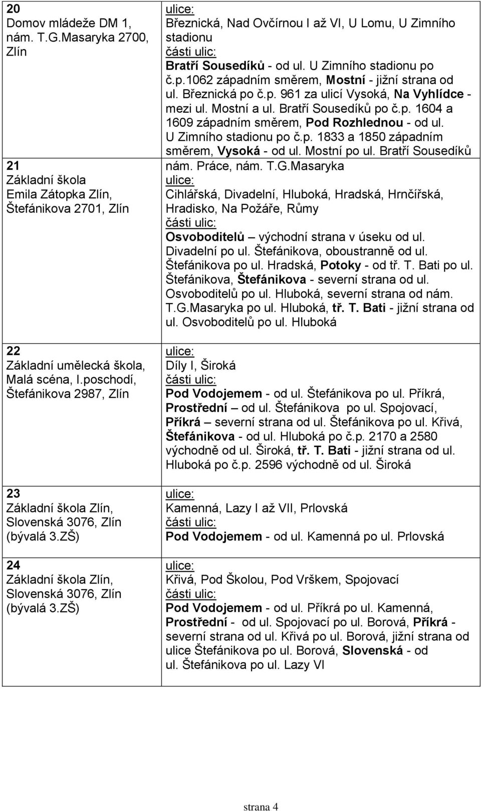 Březnická po č.p. 961 za ulicí Vysoká, Na Vyhlídce - mezi ul. Mostní a ul. Bratří Sousedíků po č.p. 1604 a 1609 západním směrem, Pod Rozhlednou - od ul. U Zimního stadionu po č.p. 1833 a 1850 západním směrem, Vysoká - od ul.