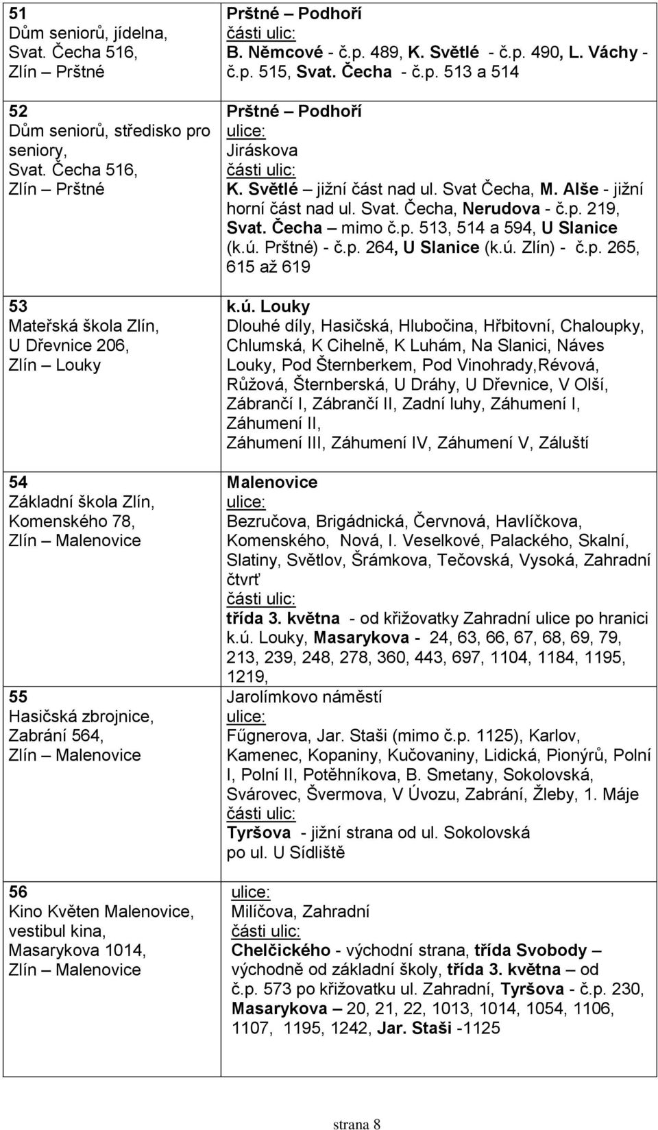 Podhoří B. Němcové - č.p. 489, K. Světlé - č.p. 490, L. Váchy - č.p. 515, Svat. Čecha - č.p. 513 a 514 Prštné Podhoří Jiráskova K. Světlé jižní část nad ul. Svat Čecha, M.