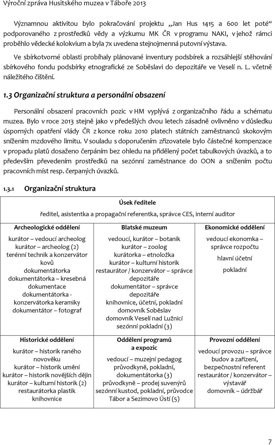 včetně náležitého čištění. 1.3 Organizační struktura a personální obsazení Personální obsazení pracovních pozic v HM vyplývá z organizačního řádu a schématu muzea.