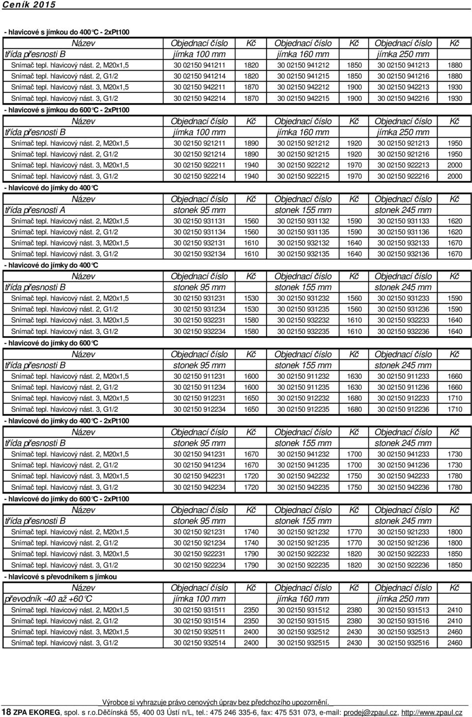 hlavicový nást. 3, M20x1,5 30 02150 942211 1870 30 02150 942212 1900 30 02150 942213 1930 Snímač tepl. hlavicový nást.