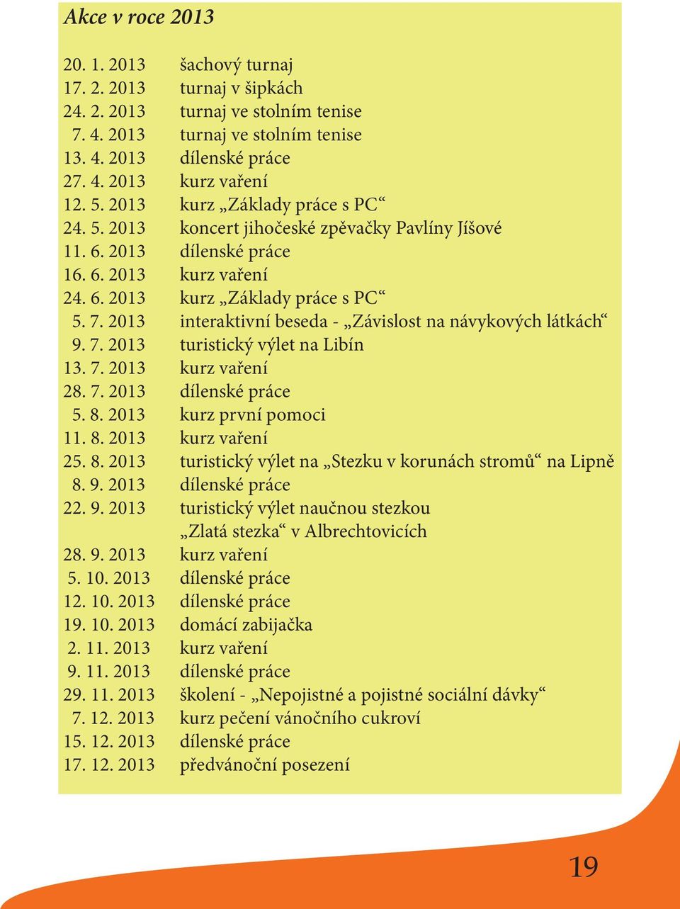 2013 interaktivní beseda - Závislost na návykových látkách 9. 7. 2013 turistický výlet na Libín 13. 7. 2013 kurz vaření 28. 7. 2013 dílenské práce 5. 8. 2013 kurz první pomoci 11. 8. 2013 kurz vaření 25.