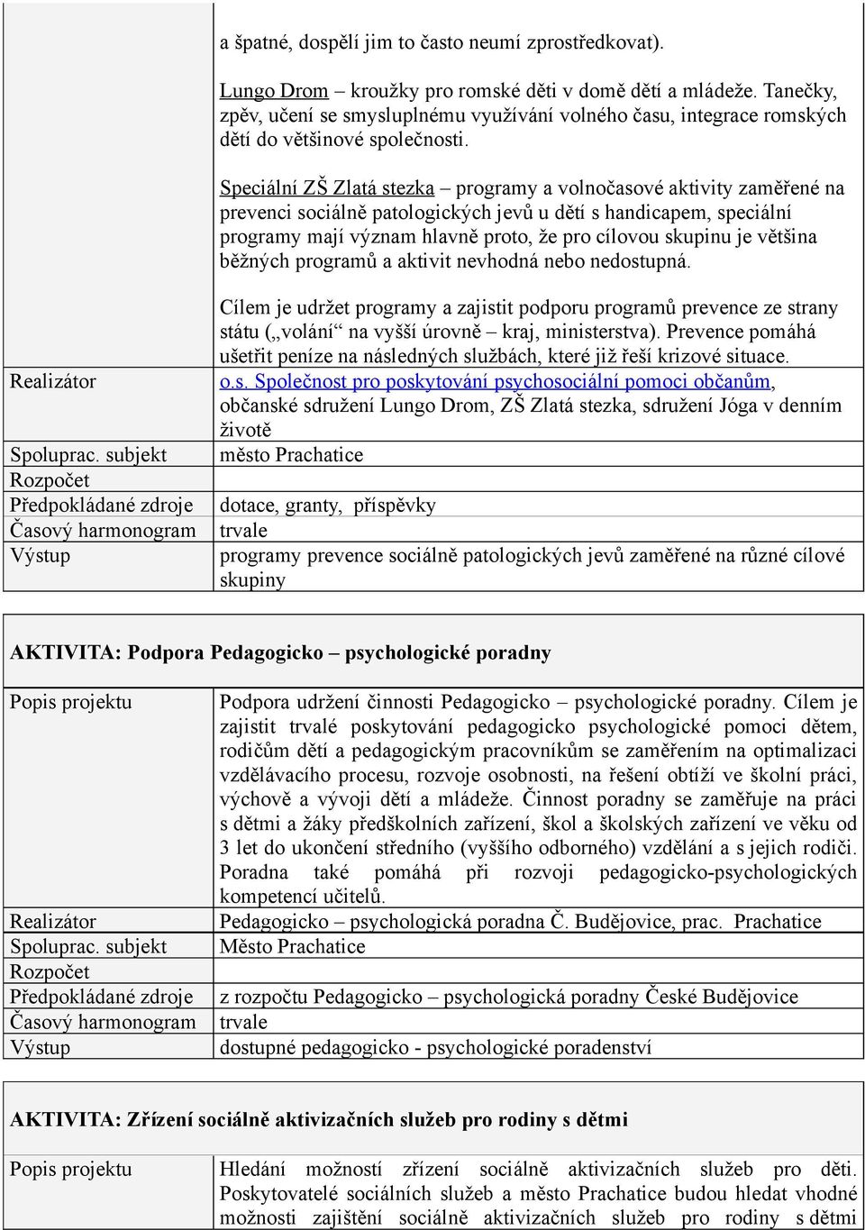 Speciální ZŠ Zlatá stezka programy a volnočasové aktivity zaměřené na prevenci sociálně patologických jevů u dětí s handicapem, speciální programy mají význam hlavně proto, že pro cílovou skupinu je