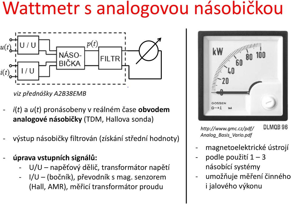 transformátor napětí - I/U (bočník), převodník s mag. senzorem (Hall, AMR), měřicí transformátor proudu http://www.gmc.