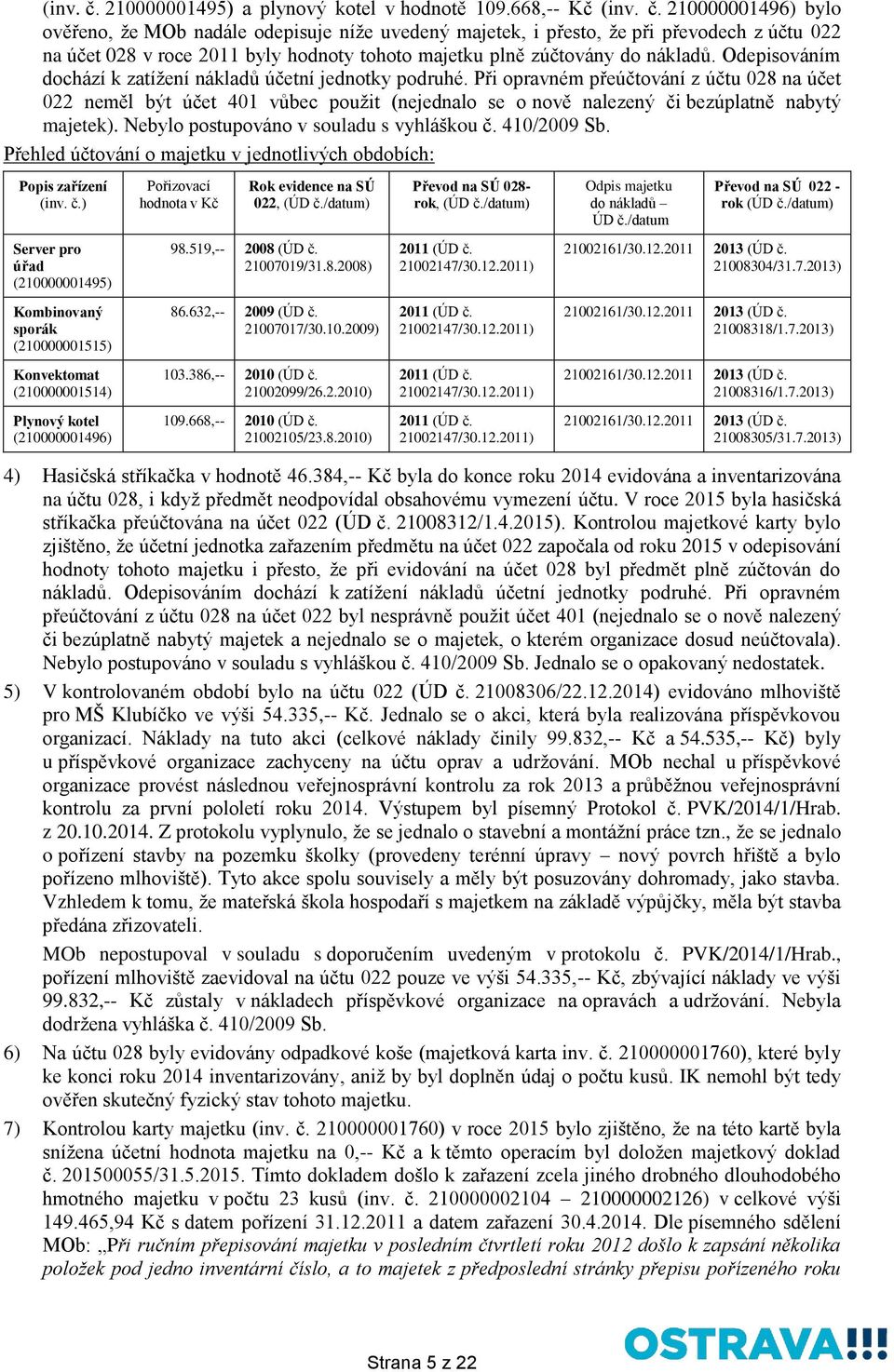 Při opravném přeúčtování z účtu 028 na účet 022 neměl být účet 401 vůbec použit (nejednalo se o nově nalezený či bezúplatně nabytý majetek). Nebylo postupováno v souladu s vyhláškou č. 410/2009 Sb.