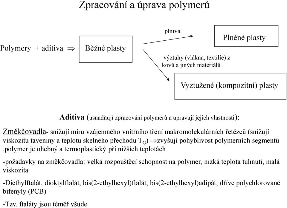 skelného přechodu T G ) zvyšují pohyblivost polymerních segmentů,polymer je ohebný a termoplastický při nižších teplotách -požadavky na změkčovadla: velká rozpouštěcí schopnost na