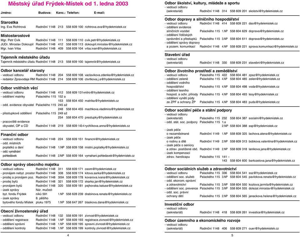 Ivan Vrba Radniční 1148 409 558 609 104 vrba.ivan@frydekmistek.cz Tajemník městského úřadu Tajemník městského úřadu Radniční 1148 213 558 609 100 tajemnik@frydekmistek.