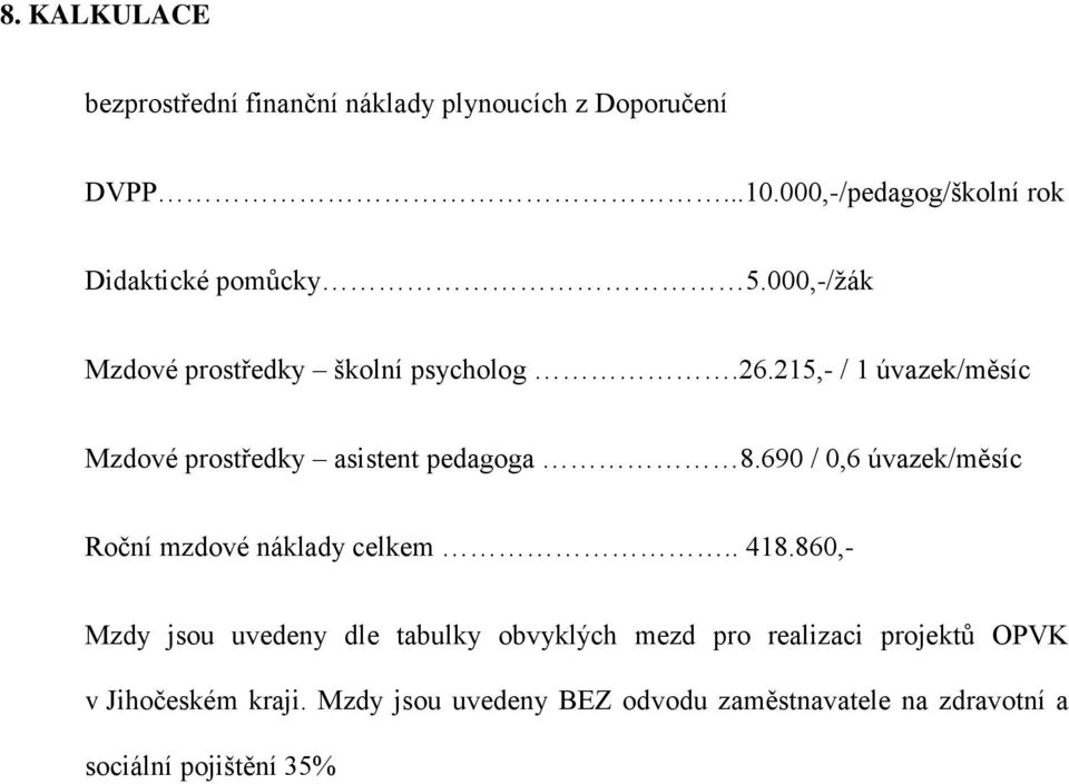 215,- / 1 úvazek/měsíc Mzdové prostředky asistent pedagoga 8.690 / 0,6 úvazek/měsíc Roční mzdové náklady celkem.. 418.