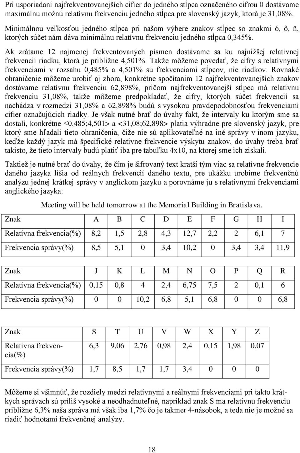 Ak zrátame 12 najmenej frekventovaných písmen dostávame sa ku najnižšej relatívnej frekvencií riadku, ktorá je približne 4,501.