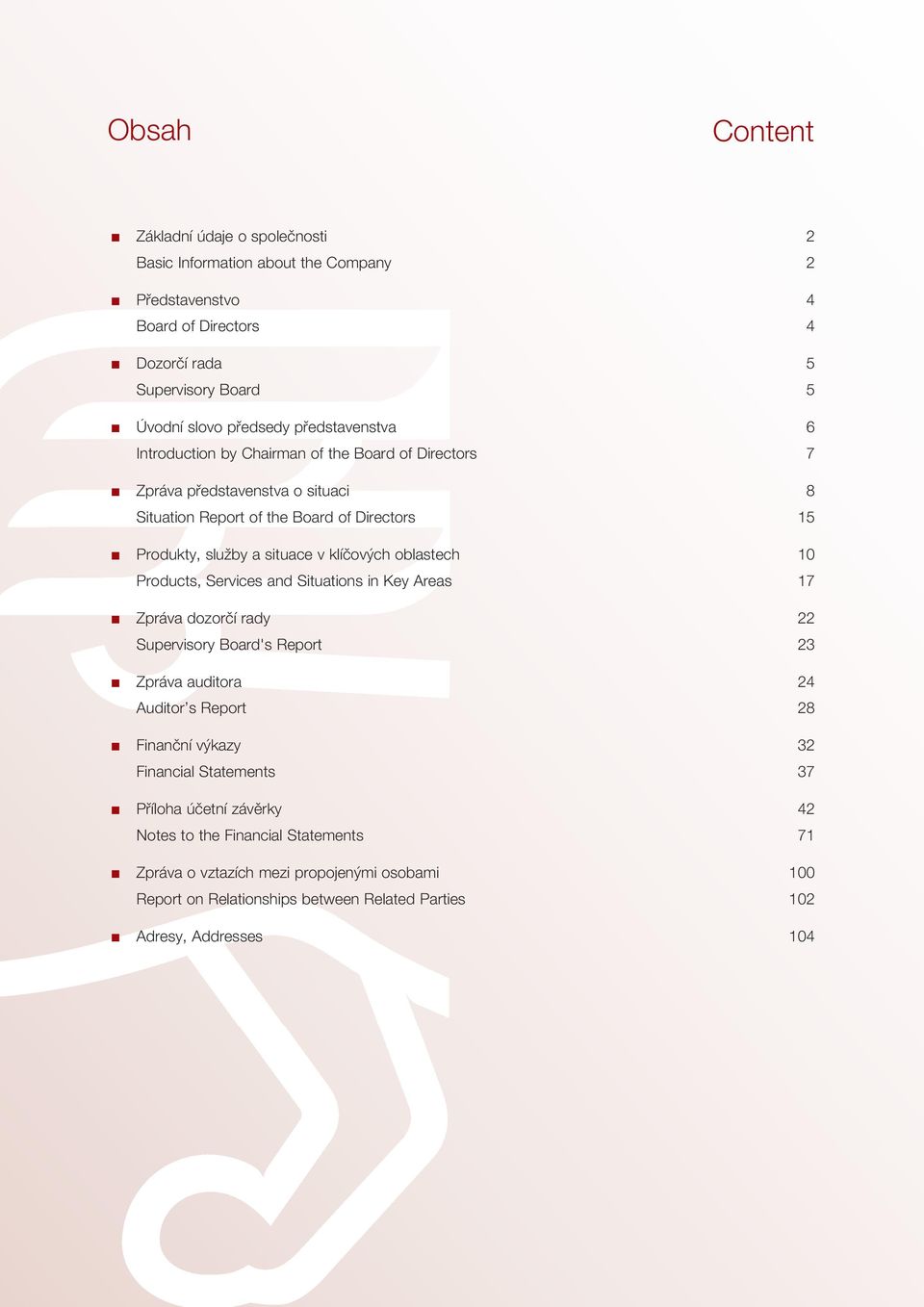 oblastech 10 Products, Services and Situations in Key Areas 17 n Zpráva dozorčí rady 22 Supervisory Board's Report 23 n Zpráva auditora 24 Auditor s Report 28 n Finanční výkazy 32 Financial