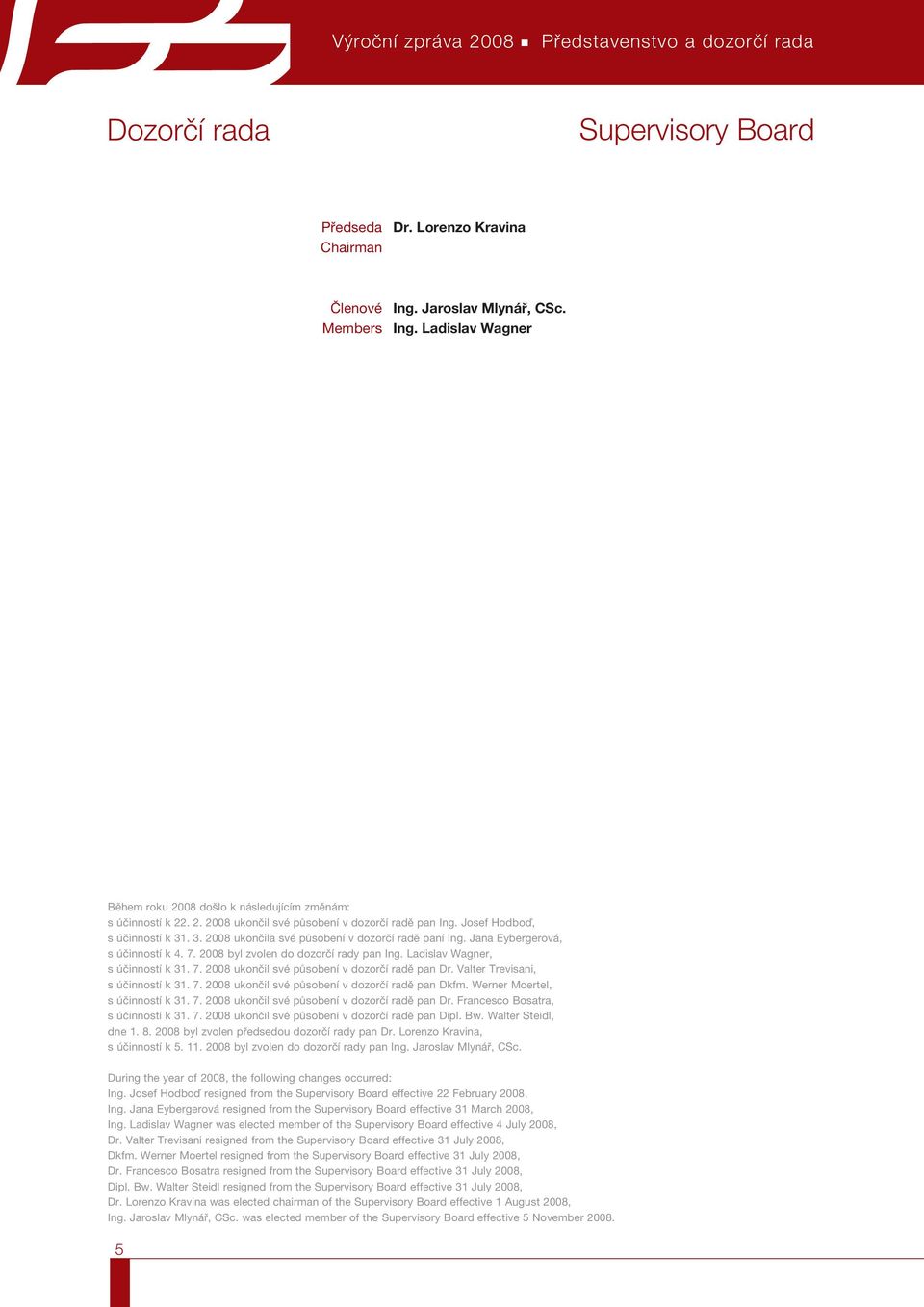 . 3. ukončila své působení v dozorčí radě paní Ing. Jana Eybergerová, s účinností k 4. 7. byl zvolen do dozorčí rady pan Ing. Ladislav Wagner, s účinností k 31. 7. ukončil své působení v dozorčí radě pan Dr.