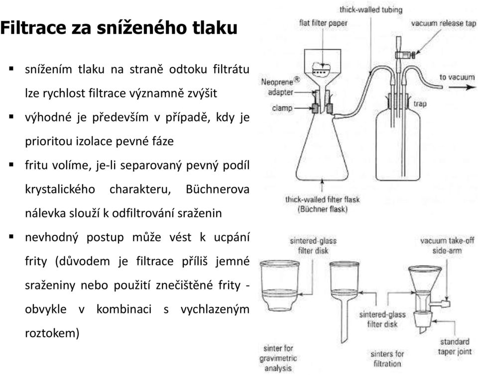 krystalického charakteru, Büchnerova nálevka slouží k odfiltrování sraženin nevhodný postup může vést k ucpání