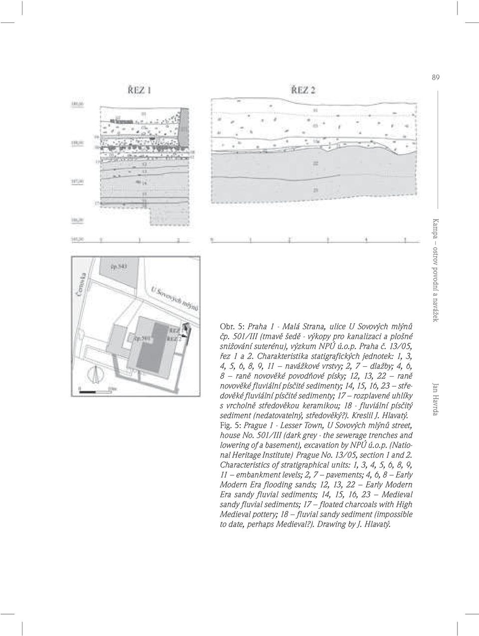 16, 23 středověké fluviální písčité sedimenty; 17 rozplavené uhlíky s vrcholně středověkou keramikou; 18 - fluviální písčitý sediment (nedatovatelný, středověký?). Kreslil J. Hlavatý. Fig.