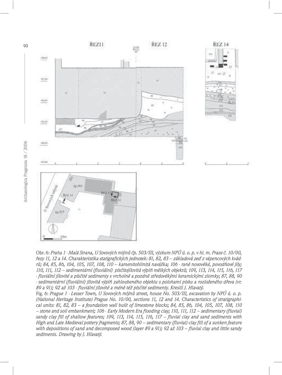 112 sedimentární (fluviální) písčitojílovitá výplň mělkých objektů; 109, 113, 114, 115, 116, 117 - fluviální jílovité a písčité sedimenty s vrcholně a pozdně středověkými keramickými zlomky; 87, 88,