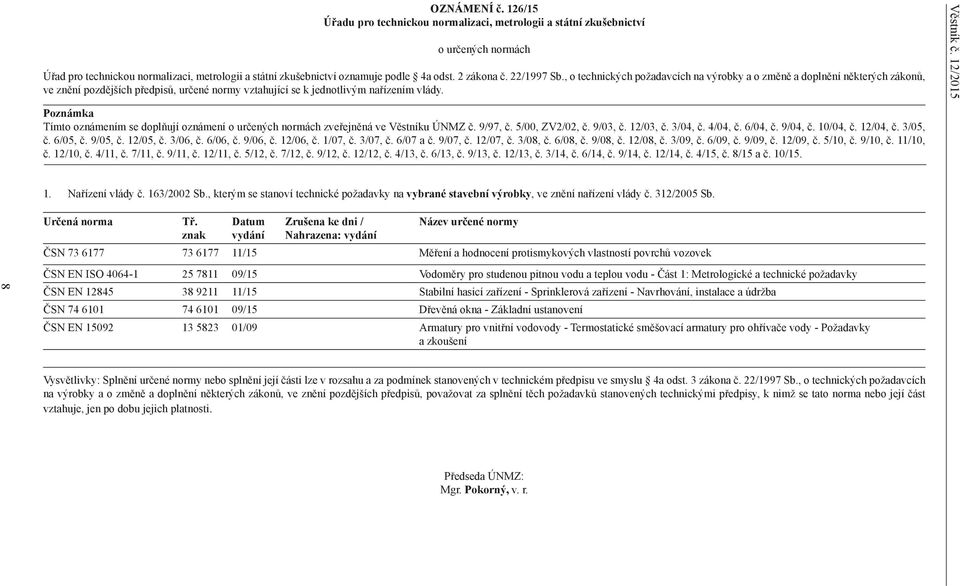 Poznámka Tímto oznámením se doplňují oznámení o určených normách zveřejněná ve Věstníku ÚNMZ č. 9/97, č. 5/00, ZV2/02, č. 9/03, č. 12/03, č. 3/04, č. 4/04, č. 6/04, č. 9/04, č. 10/04, č. 12/04, č.