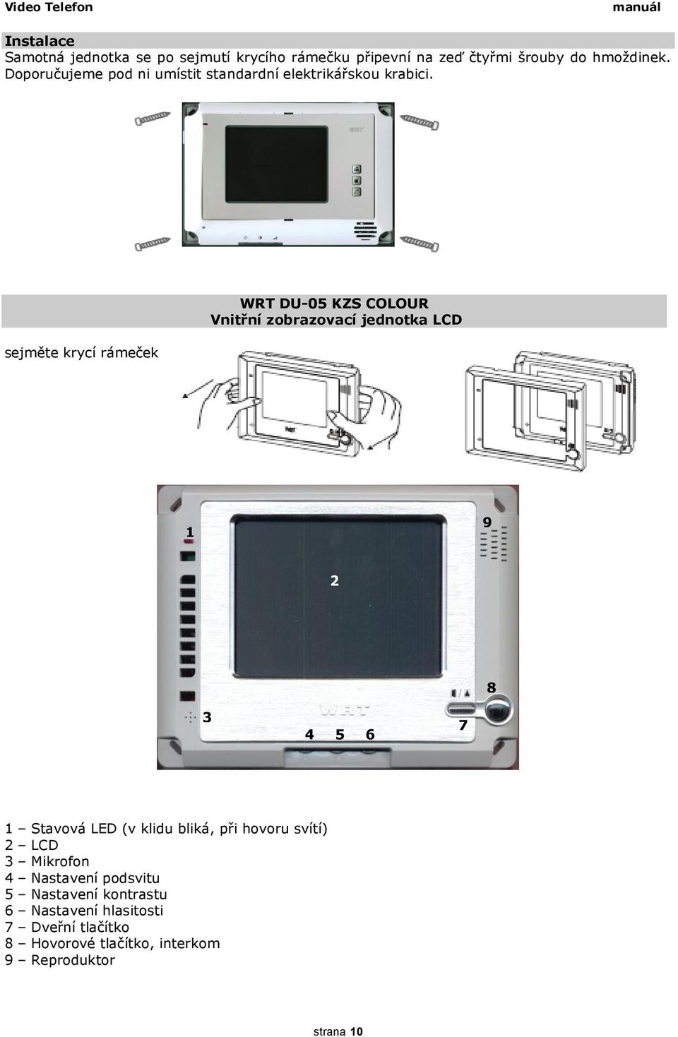 sejměte krycí rámeček WRT DU-05 KZS COLOUR Vnitřní zobrazovací jednotka LCD 1 9 2 2 8 3 4 5 6 7 1 Stavová LED (v