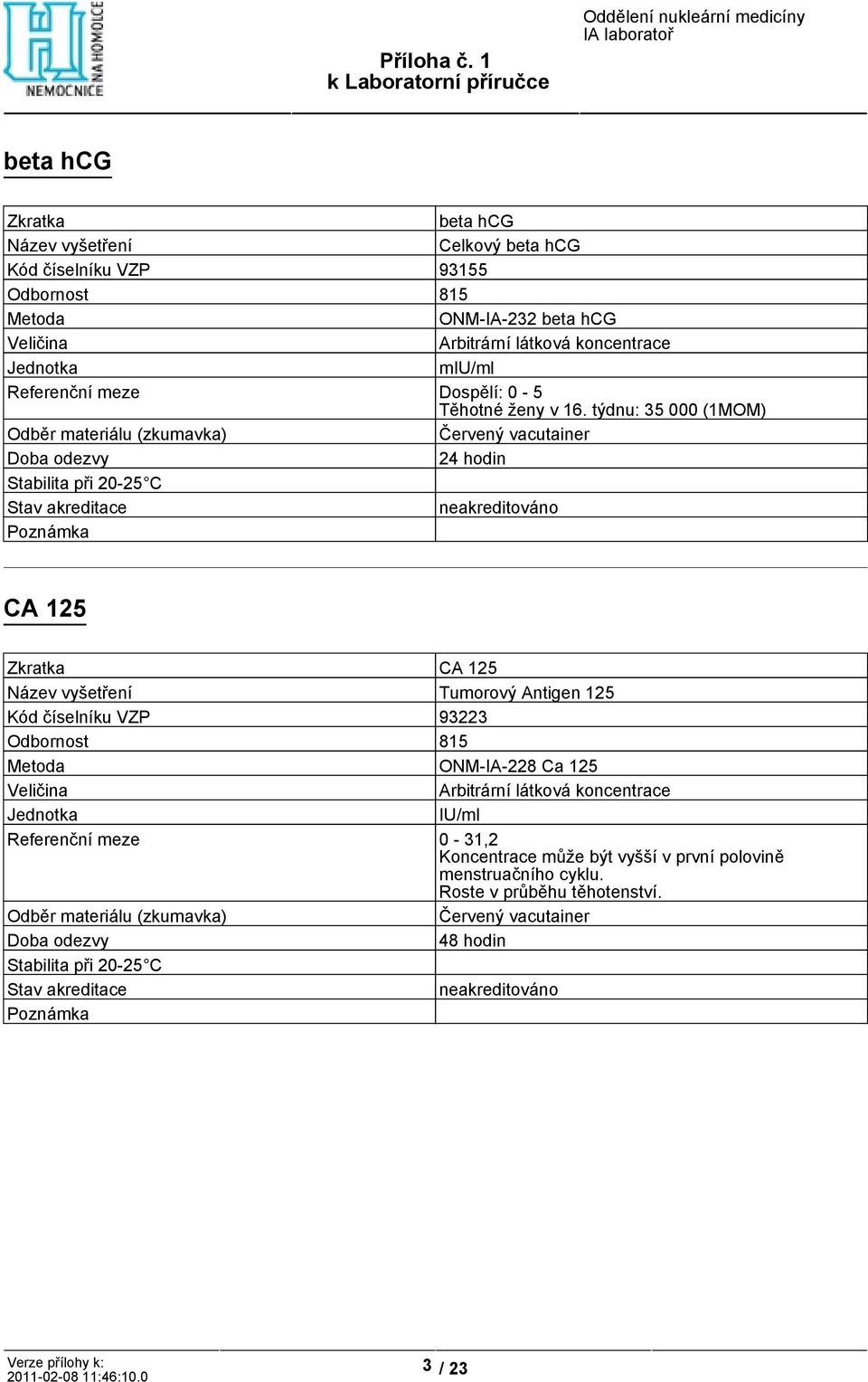 týdnu: 35 000 (1MOM) CA 125 CA 125 Tumorový Antigen 125 Kód číselníku VZP 93223 ONM-IA-228